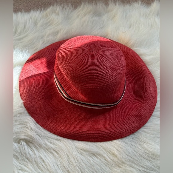 Vintage Daniele Meucci Red Stripes 100% paper straw hat Made in Italy Wide Brim - Picture 2 of 5